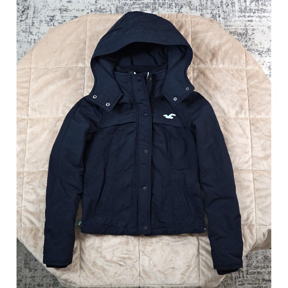 Hollister Jacket All-Weather Hooded Coat Navy Blue Nylon Womens Small Y2K